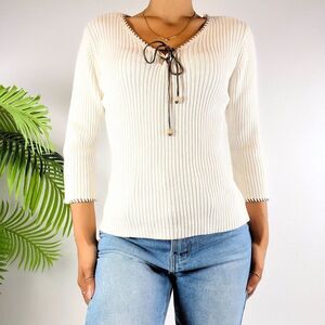 Women's Vintage Y2K White Cottagecore Western Knit Ribbed Sweater / Size: M